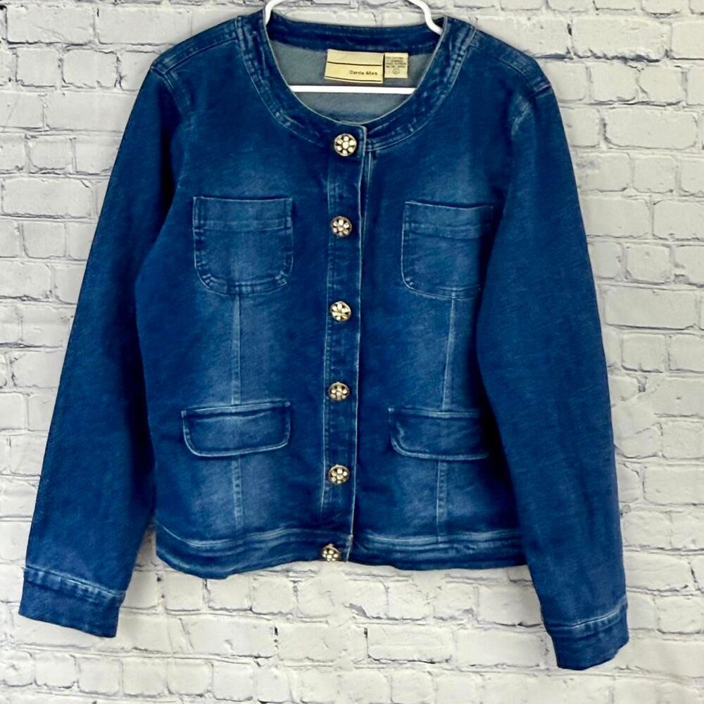 Carrie Allen Denim Stretch Blue Rhinestone Button Up Jacket Blazer Western Sz L